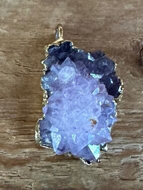 Raw Amethyst Cluster Druzy Pendant Gold Plated Edge Boho Crystal